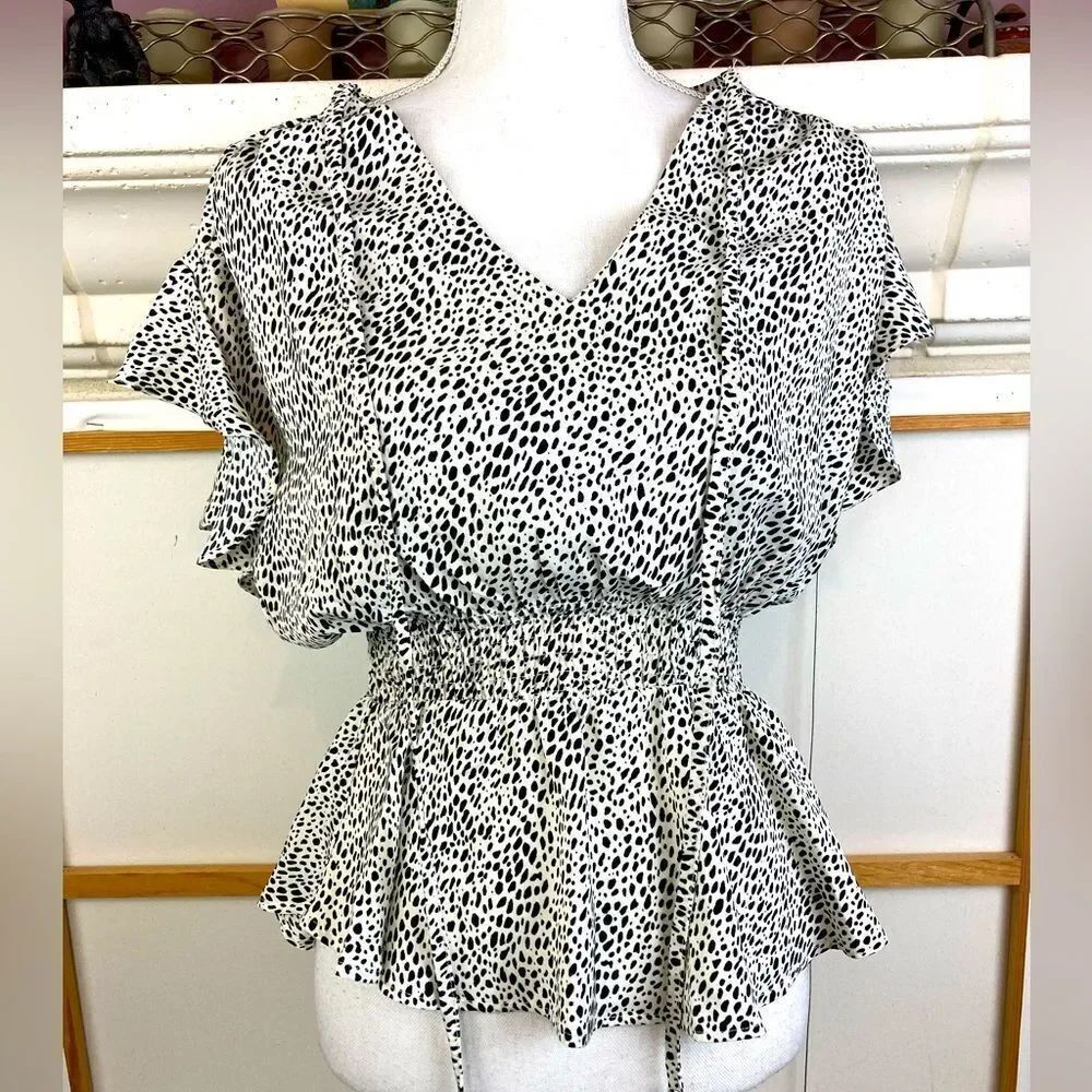 Papaya Black and White Flutter Sleeve Peplum Blouse tie neck